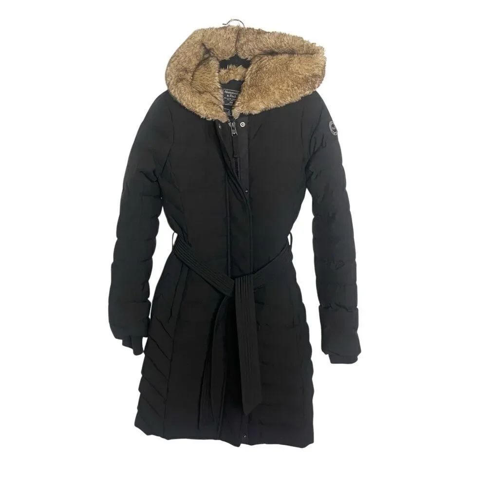 Abercrombie & Fitch Down Filled Belted Puffer Parka Coat Faux Fur